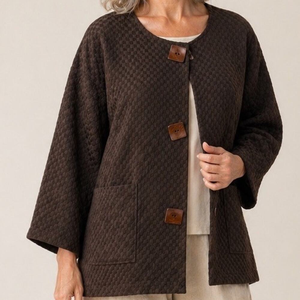 Chicos 3 Boxy Button Up Cardigan Jacket size XL Dark Brown 3/4 Sleeve Artsy